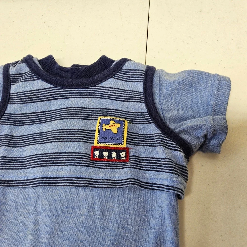 Okie Dokie‎ Bodysuit Baby 6-9 Months Blue Striped Airplane Vintage 90s Short Sl